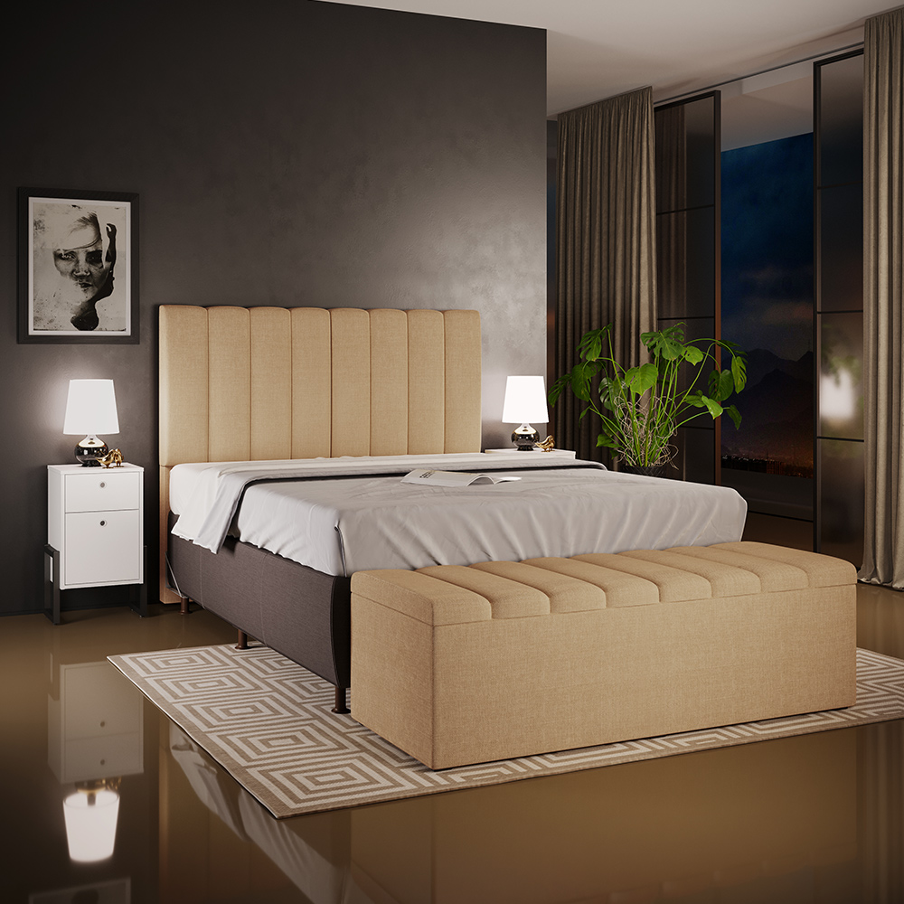 Kit Cabeceira Cama Box Casal 140cm Calçadeira Recamier Baú Dália W01 Linho Bege Escuro - Lyam Decor