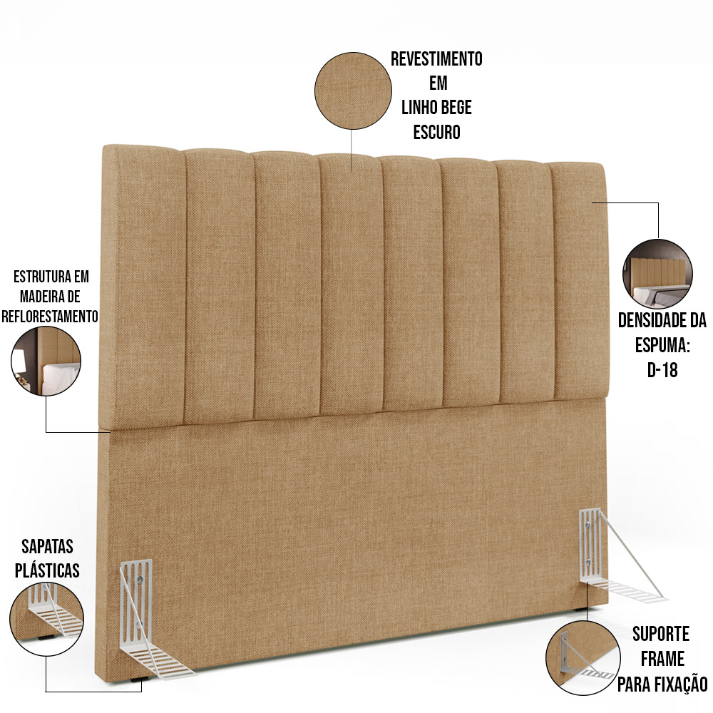 Kit Cabeceira Cama Box Casal 140cm Calçadeira Recamier Baú Dália W01 Linho Bege Escuro - Lyam Decor