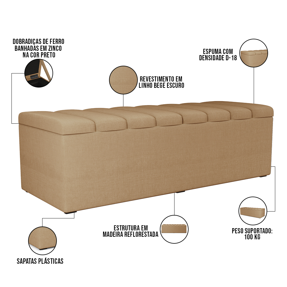 Kit Cabeceira Cama Box Casal 140cm Calçadeira Recamier Baú Dália W01 Linho Bege Escuro - Lyam Decor