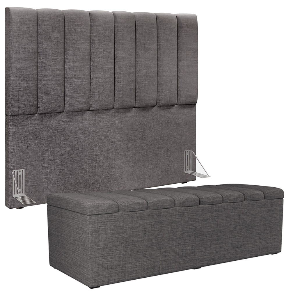 Kit Cabeceira Cama Box Casal 140cm Calçadeira Recamier Baú Dália W01 Linho Cinza Escuro - Lyam Decor