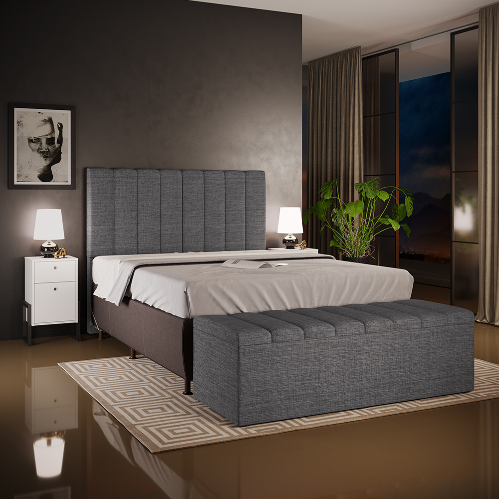 Kit Cabeceira Cama Box Casal 140cm Calçadeira Recamier Baú Dália W01 Linho Cinza Escuro - Lyam Decor