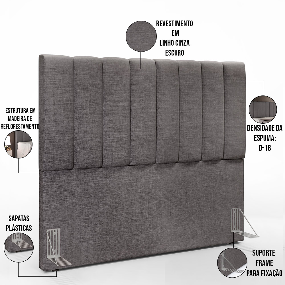 Kit Cabeceira Cama Box Casal 140cm Calçadeira Recamier Baú Dália W01 Linho Cinza Escuro - Lyam Decor