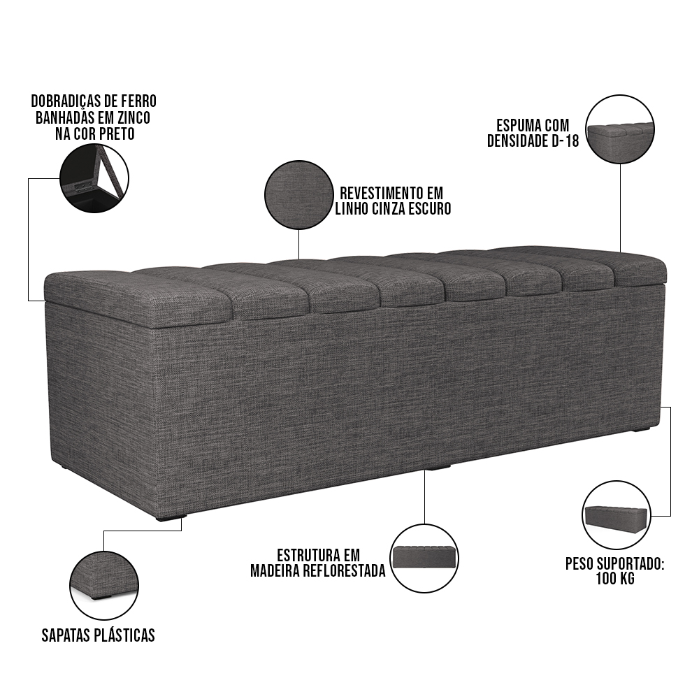 Kit Cabeceira Cama Box Casal 140cm Calçadeira Recamier Baú Dália W01 Linho Cinza Escuro - Lyam Decor