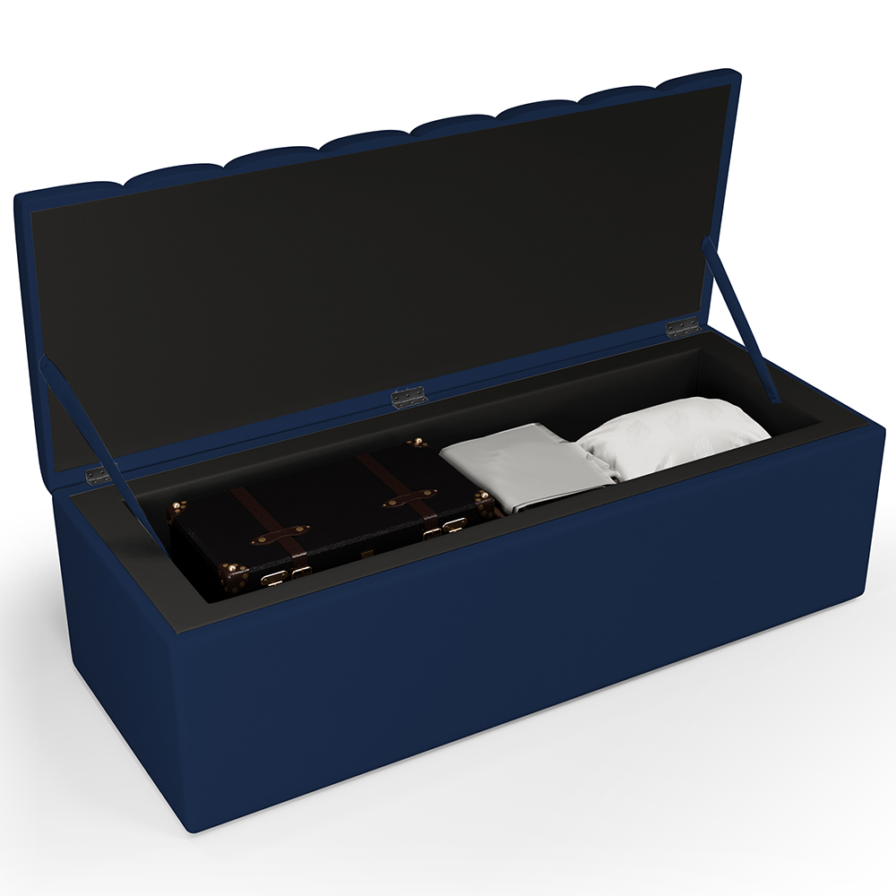 Kit Cabeceira Cama Box Casal 140cm Calçadeira Recamier Baú Dália W01 Suede Azul Marinho - Lyam Decor