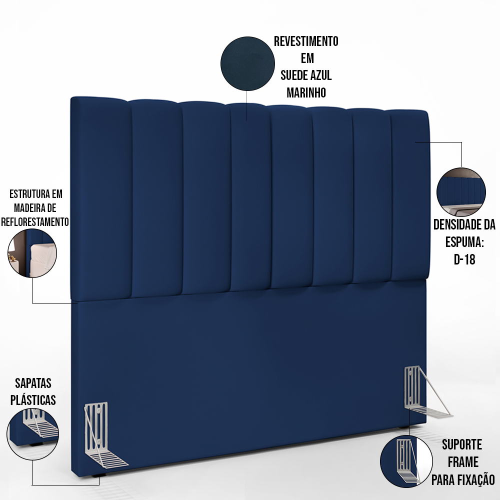 Kit Cabeceira Cama Box Casal 140cm Calçadeira Recamier Baú Dália W01 Suede Azul Marinho - Lyam Decor