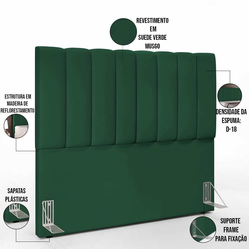 Kit Cabeceira Cama Box Casal 140cm Calçadeira Recamier Baú Dália W01 Suede Verde Musgo - Lyam Decor