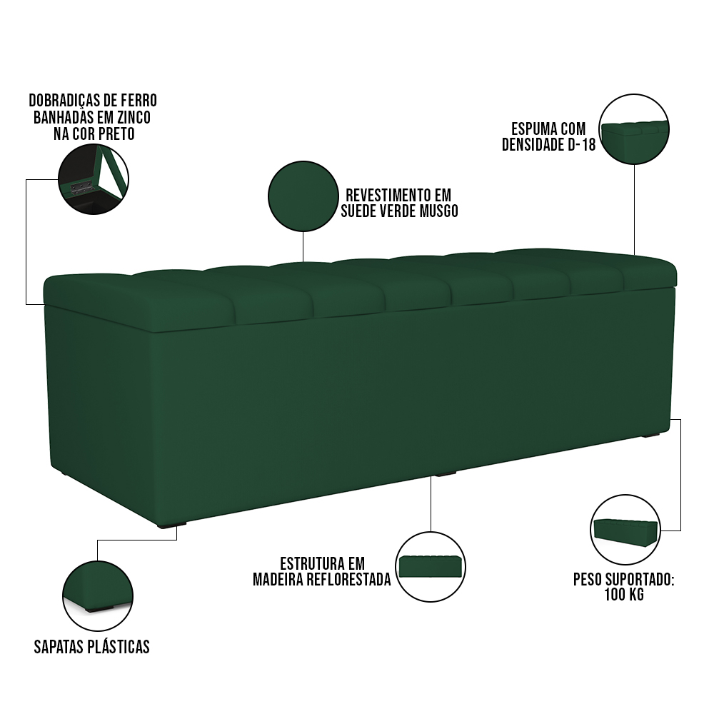 Kit Cabeceira Cama Box Casal 140cm Calçadeira Recamier Baú Dália W01 Suede Verde Musgo - Lyam Decor