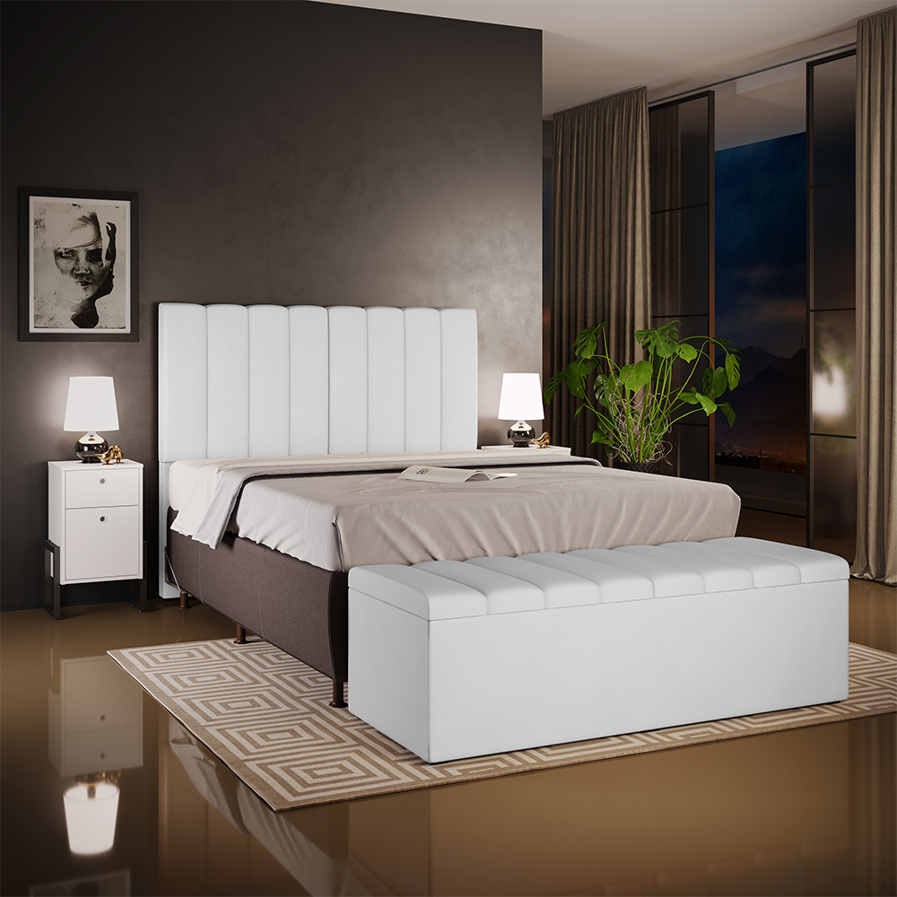 Kit Cabeceira Cama Box Casal 140cm Com Calçadeira Recamier Baú Dália W01 Facto Branco - Lyam Decor