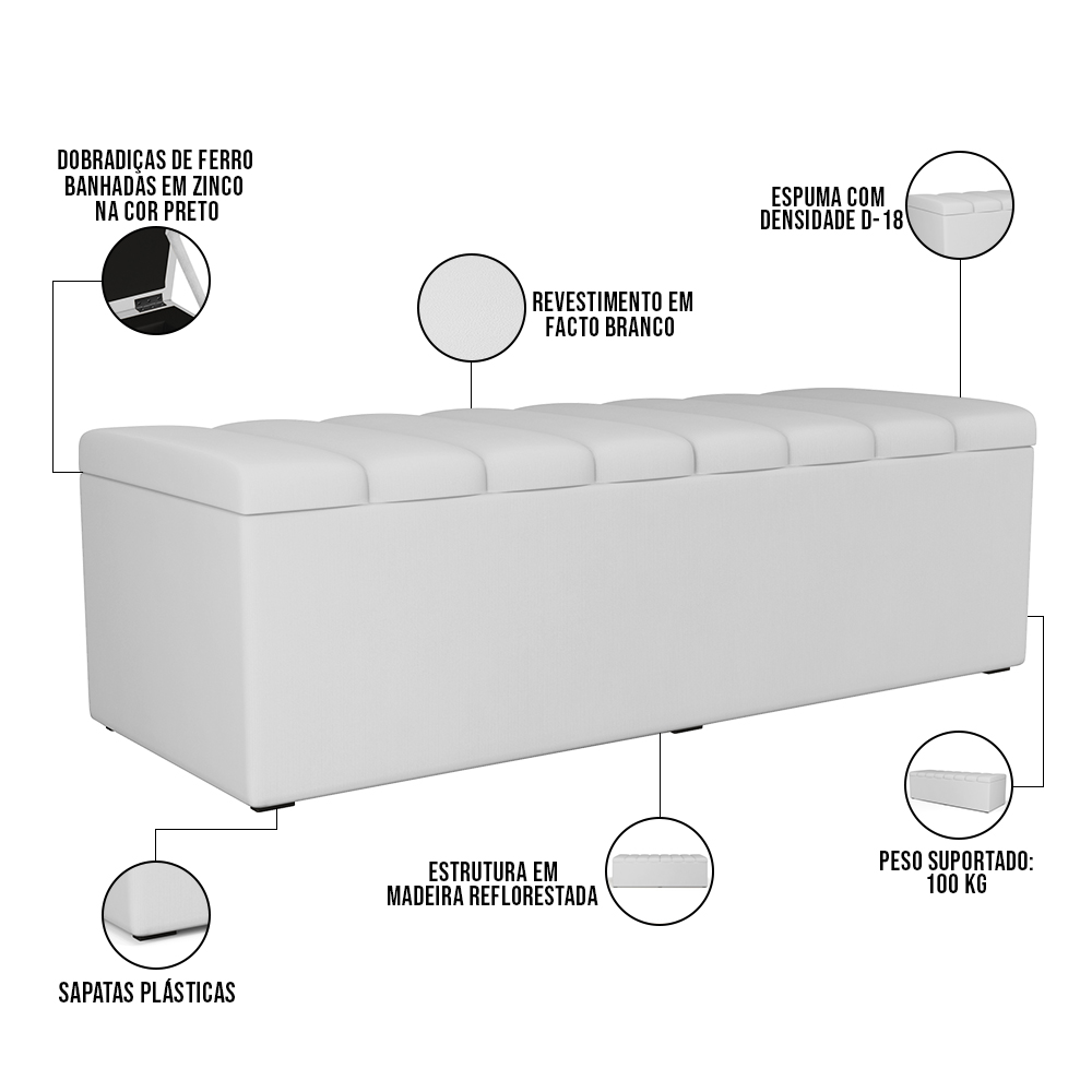 Kit Cabeceira Cama Box Casal 140cm Com Calçadeira Recamier Baú Dália W01 Facto Branco - Lyam Decor