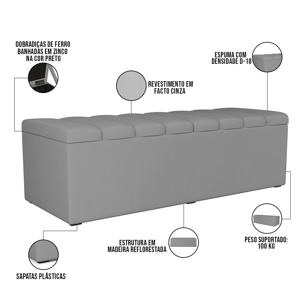 Kit Cabeceira Cama Box Casal 140cm Com Calçadeira Recamier Baú Dália W01 Facto Cinza - Lyam Decor