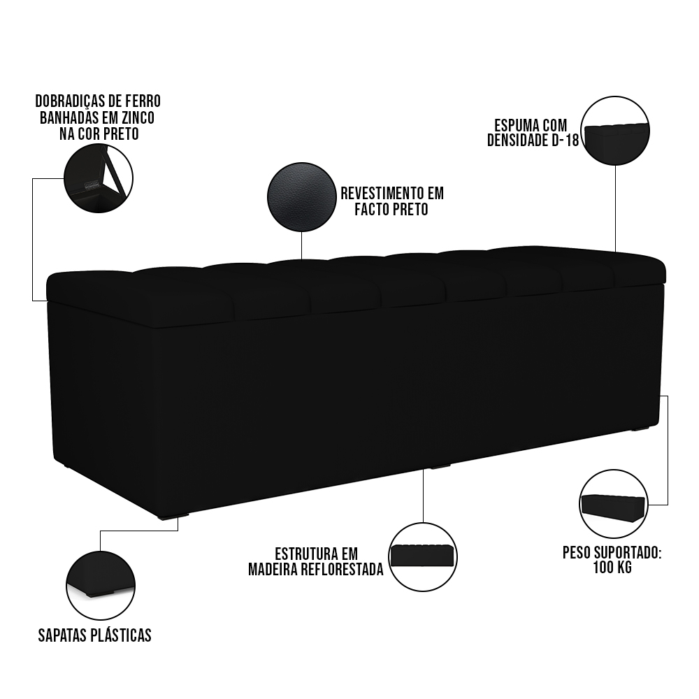 Kit Cabeceira Cama Box Casal 140cm Com Calçadeira Recamier Baú Dália W01 Facto Preto - Lyam Decor