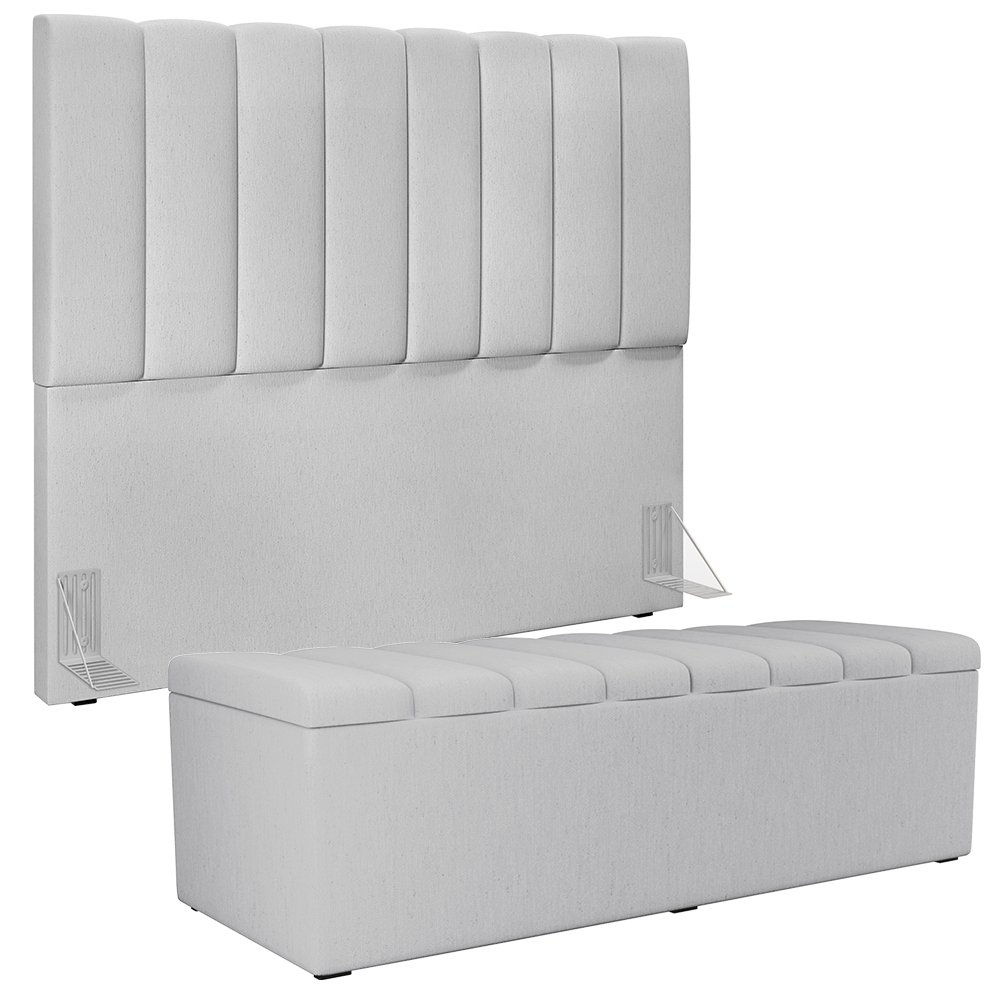 Kit Cabeceira Cama Box Casal 140cm Com Calçadeira Recamier Baú Dália W01 Linho Cinza - Lyam Decor