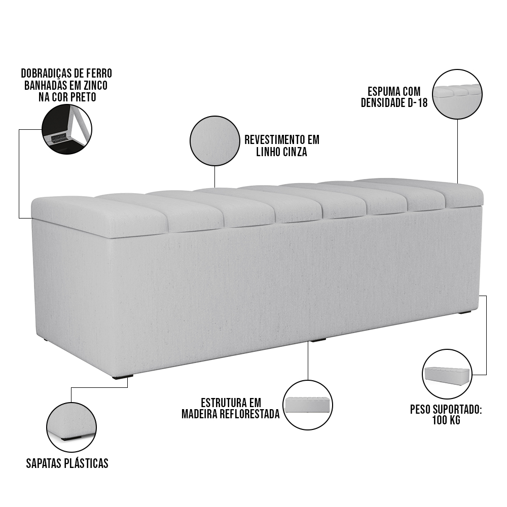 Kit Cabeceira Cama Box Casal 140cm Com Calçadeira Recamier Baú Dália W01 Linho Cinza - Lyam Decor