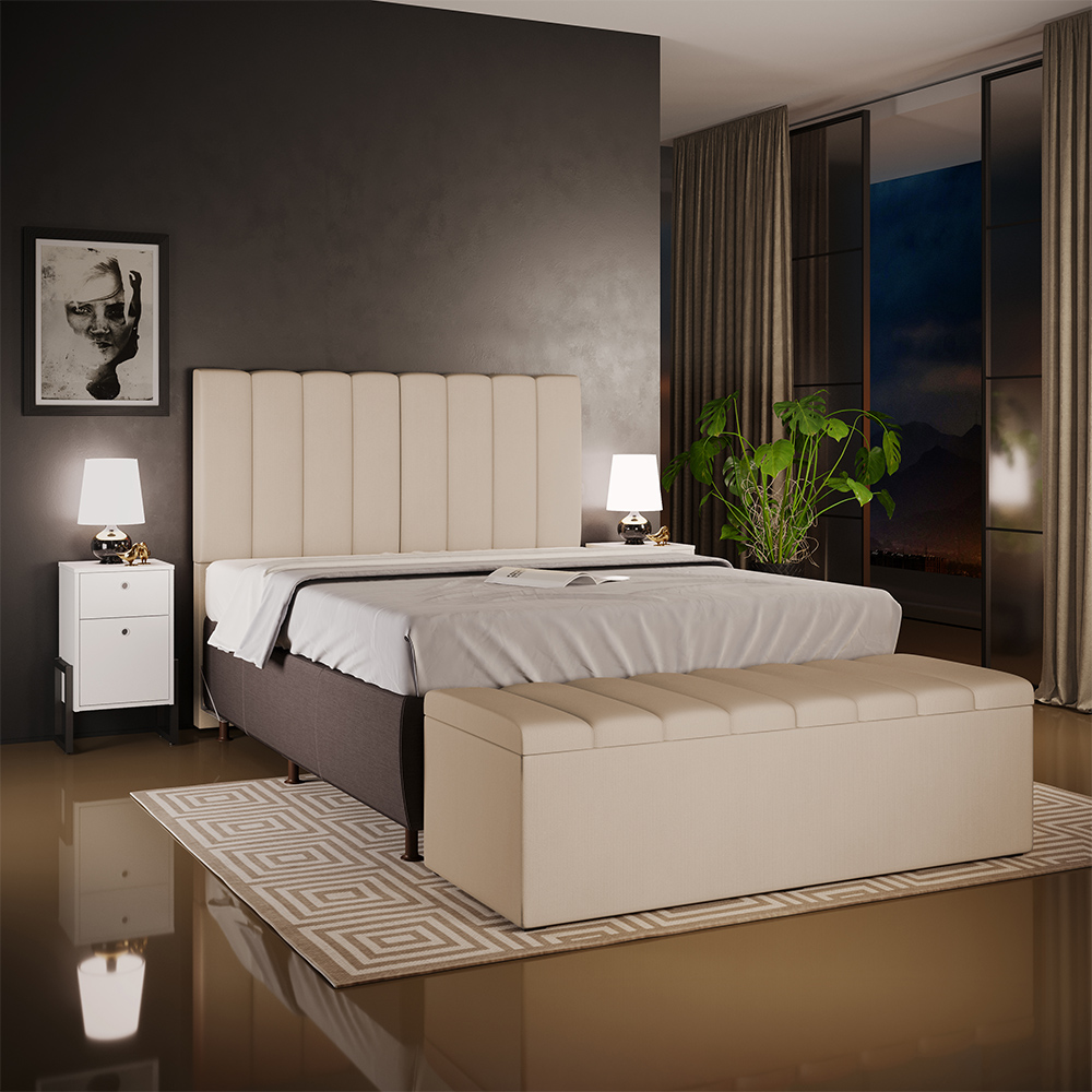 Kit Cabeceira Cama Box Casal 140cm Com Calçadeira Recamier Baú Dália W01 Suede Bege - Lyam Decor
