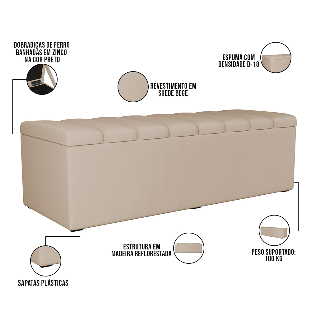 Kit Cabeceira Cama Box Casal 140cm Com Calçadeira Recamier Baú Dália W01 Suede Bege - Lyam Decor