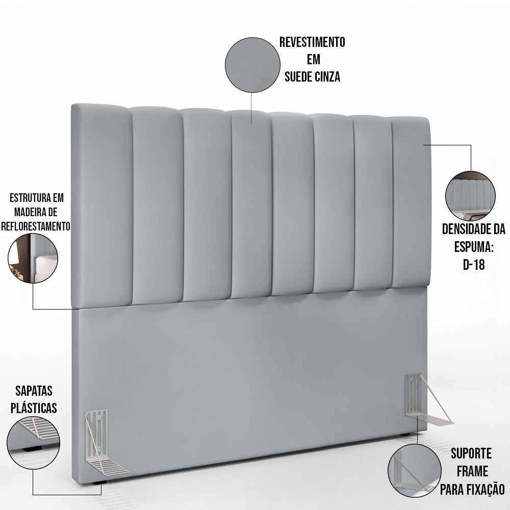 Kit Cabeceira Cama Box Casal 140cm Com Calçadeira Recamier Baú Dália W01 Suede Cinza - Lyam Decor