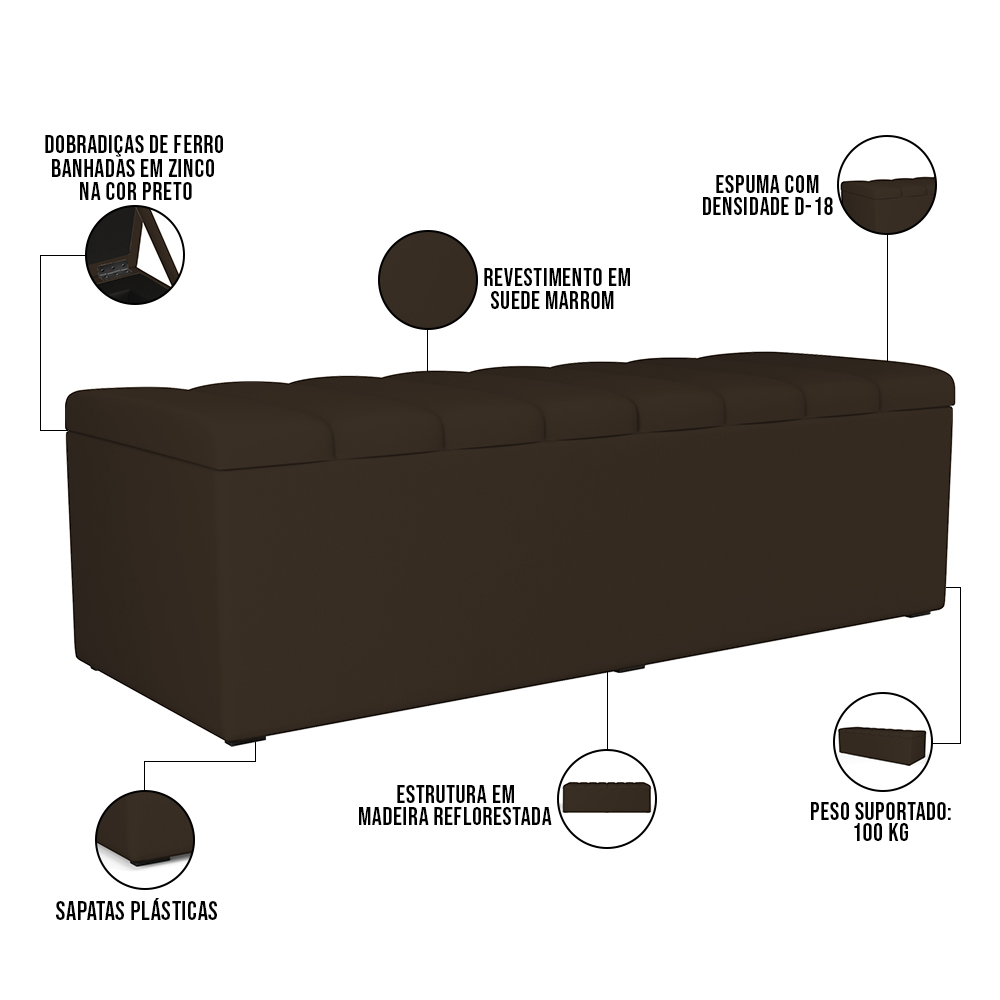Kit Cabeceira Cama Box Casal 140cm Com Calçadeira Recamier Baú Dália W01 Suede Marrom - Lyam Decor