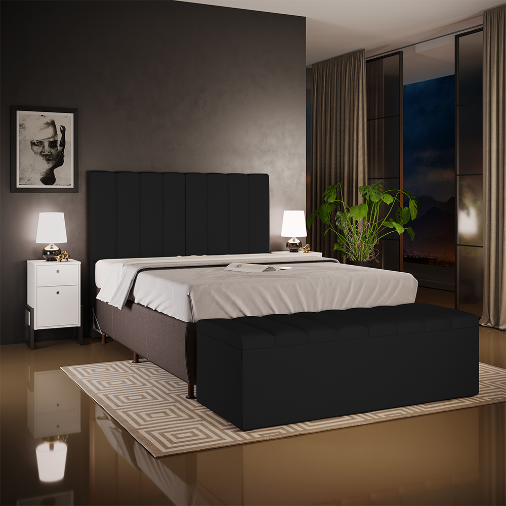 Kit Cabeceira Cama Box Casal 140cm Com Calçadeira Recamier Baú Dália W01 Suede Preto - Lyam Decor