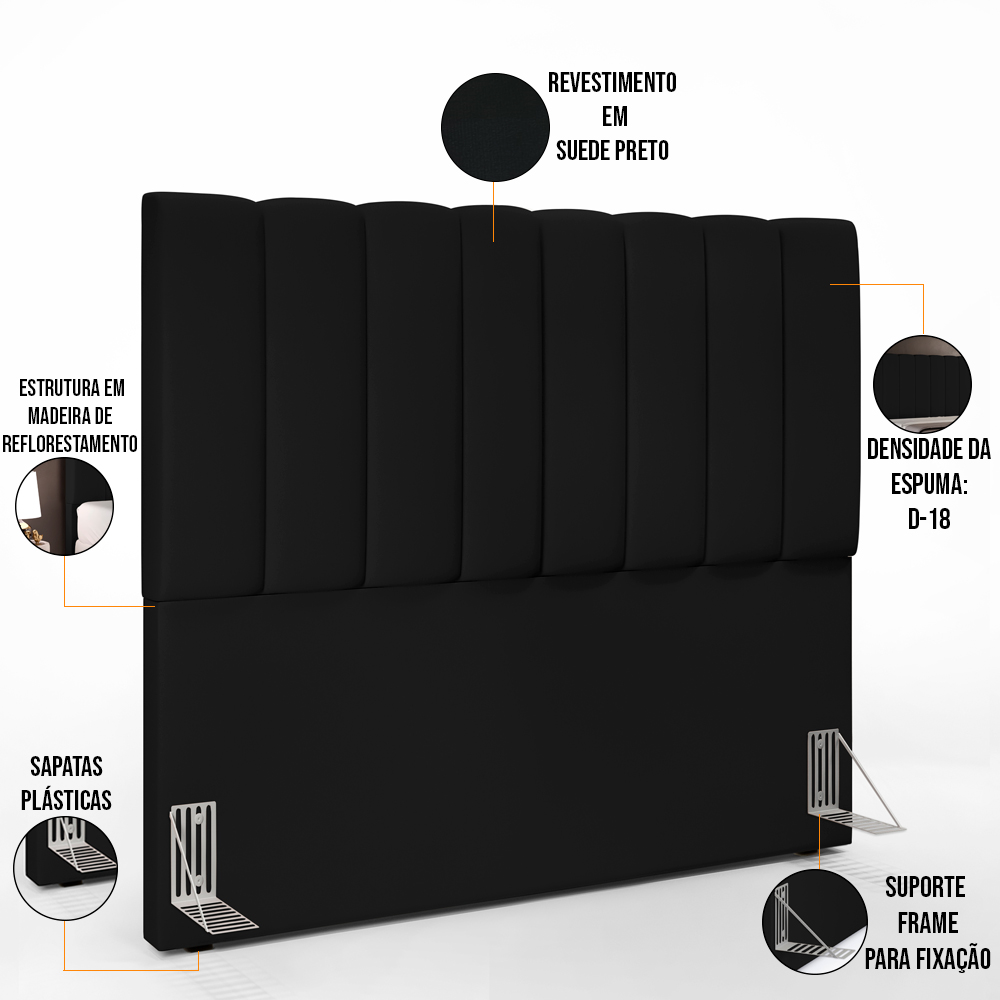 Kit Cabeceira Cama Box Casal 140cm Com Calçadeira Recamier Baú Dália W01 Suede Preto - Lyam Decor
