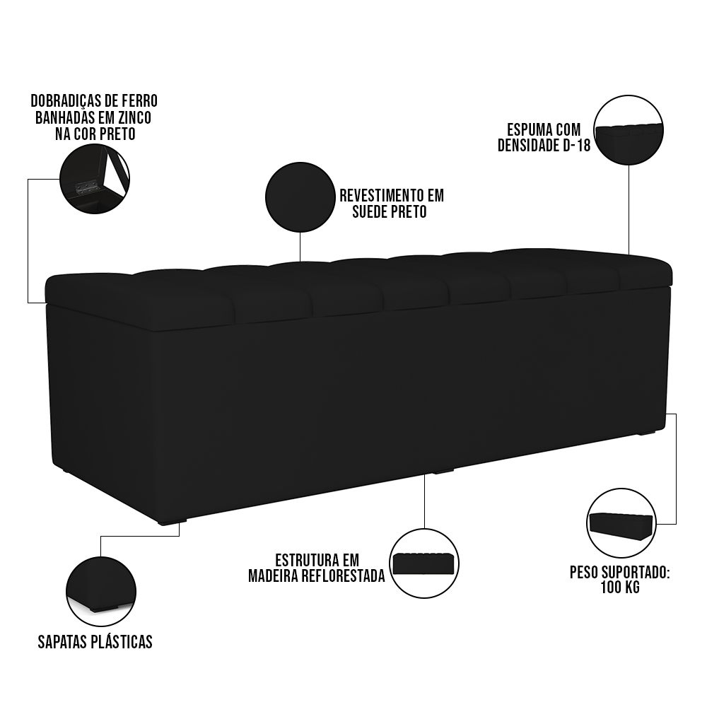 Kit Cabeceira Cama Box Casal 140cm Com Calçadeira Recamier Baú Dália W01 Suede Preto - Lyam Decor