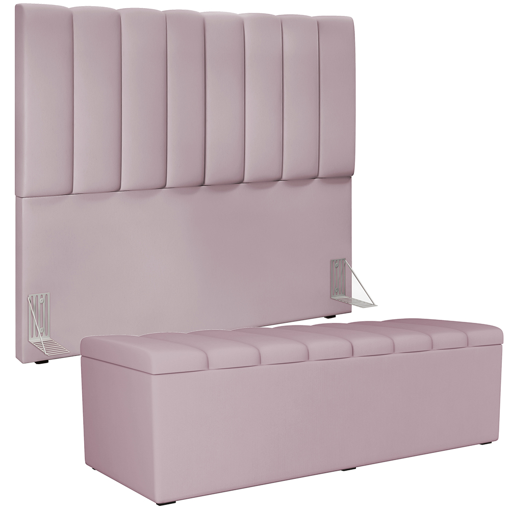 Kit Cabeceira Cama Box Casal 140cm Com Calçadeira Recamier Baú Dália W01 Suede Rosê - Lyam Decor