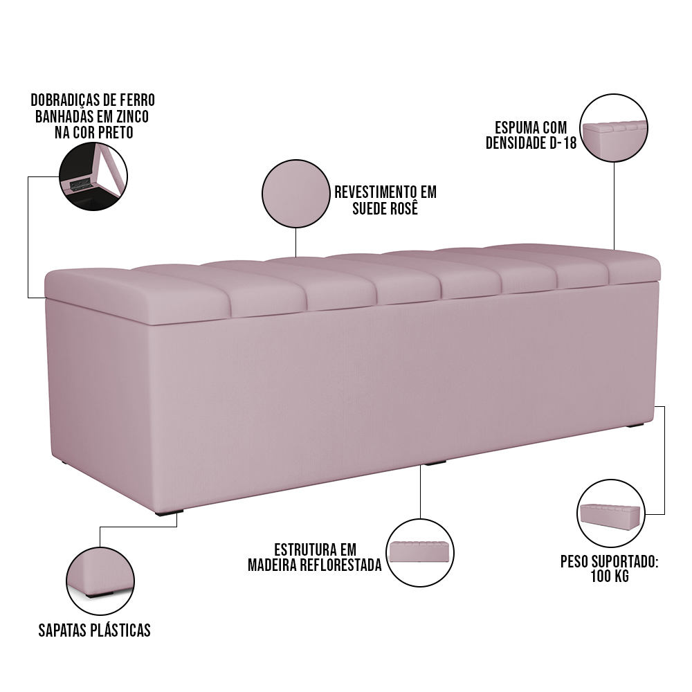 Kit Cabeceira Cama Box Casal 140cm Com Calçadeira Recamier Baú Dália W01 Suede Rosê - Lyam Decor