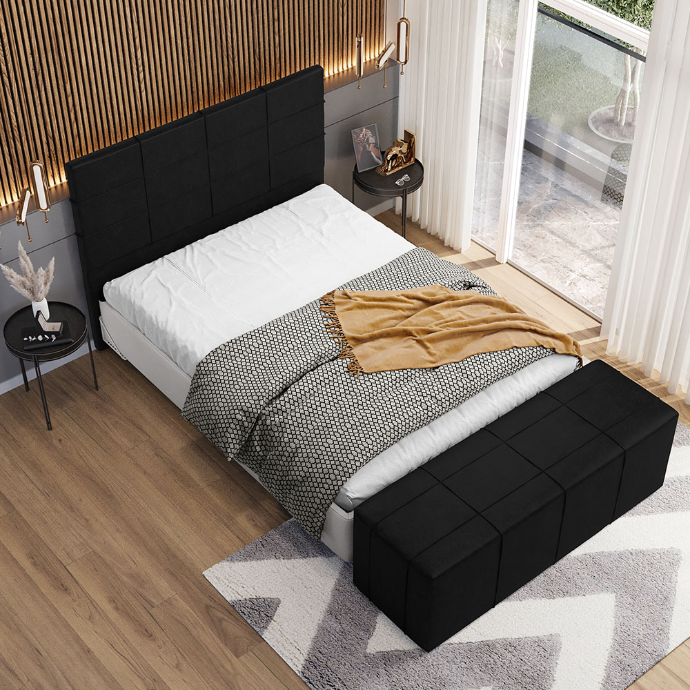 Kit Cabeceira Cama Box Casal 140cm com Calçadeira Roma W01 Couríssimo Preto - Lyam