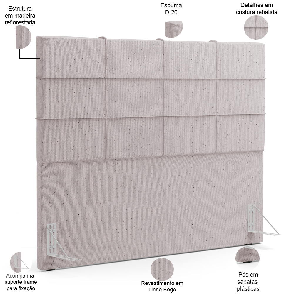 Kit Cabeceira Cama Box Casal 140cm com Calçadeira Roma W01 Linho Bege - Lyam
