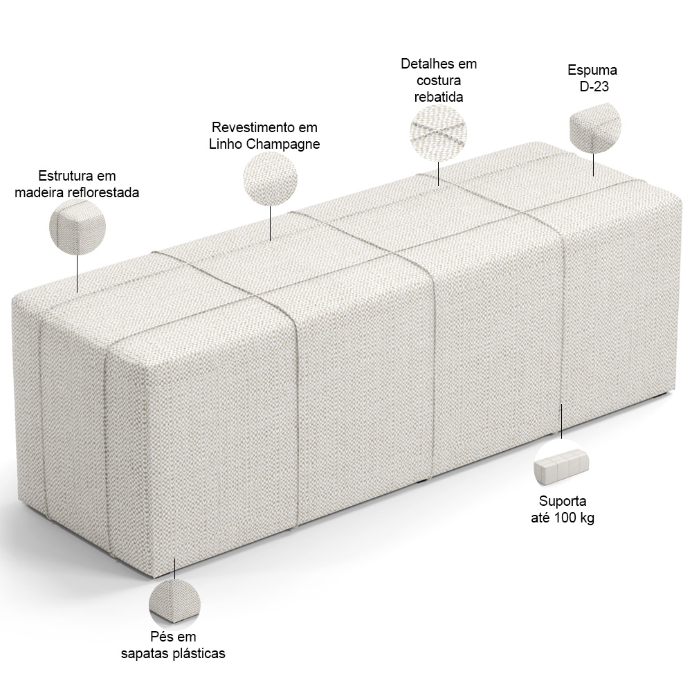 Kit Cabeceira Cama Box Casal 140cm com Calçadeira Roma W01 Linho Champagne - Lyam