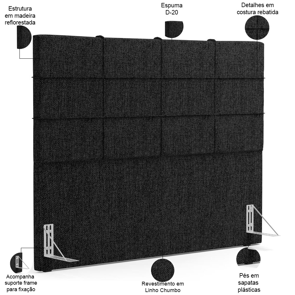 Kit Cabeceira Cama Box Casal 140cm com Calçadeira Roma W01 Linho Chumbo - Lyam