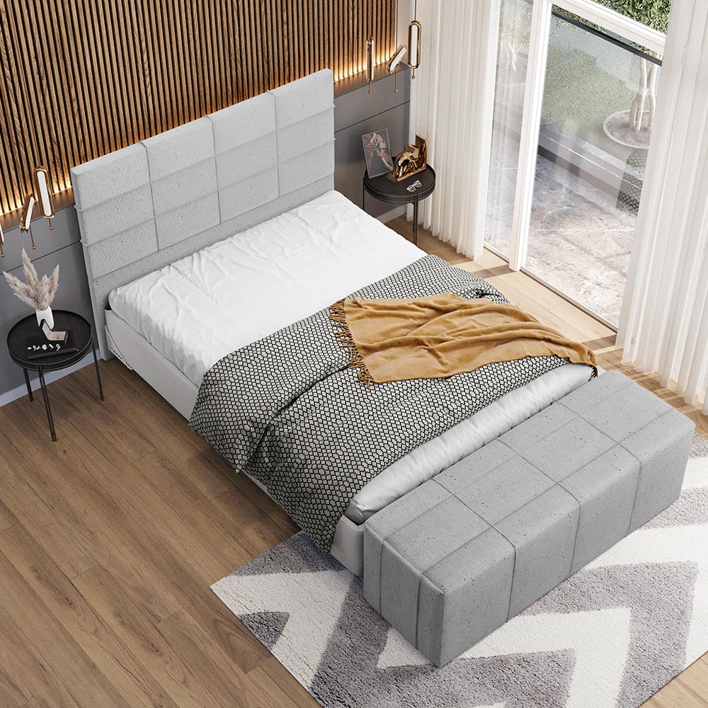 Kit Cabeceira Cama Box Casal 140cm com Calçadeira Roma W01 Linho Cinza - Lyam