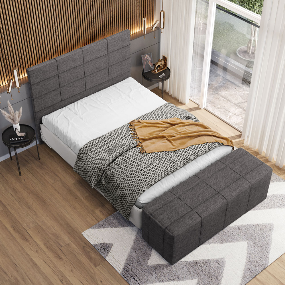 Kit Cabeceira Cama Box Casal 140cm com Calçadeira Roma W01 Linho Cinza Escuro - Lyam
