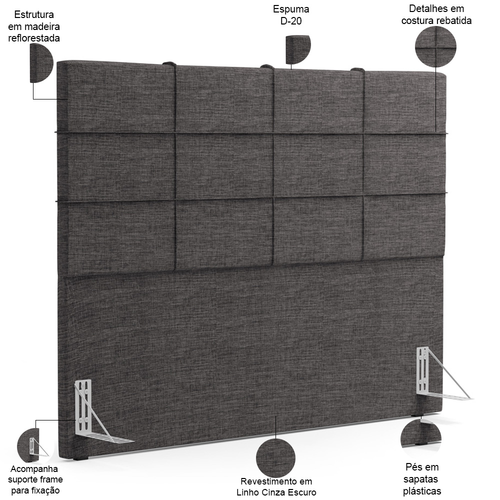 Kit Cabeceira Cama Box Casal 140cm com Calçadeira Roma W01 Linho Cinza Escuro - Lyam