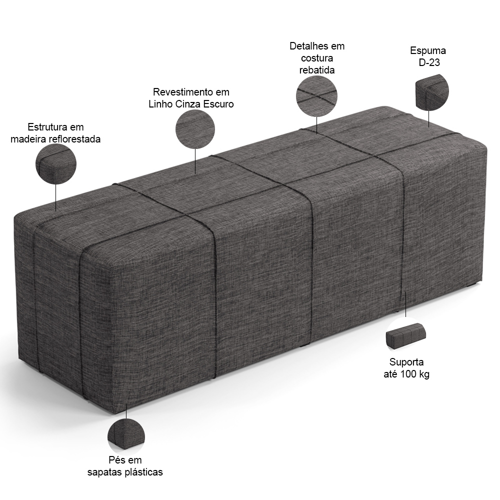 Kit Cabeceira Cama Box Casal 140cm com Calçadeira Roma W01 Linho Cinza Escuro - Lyam