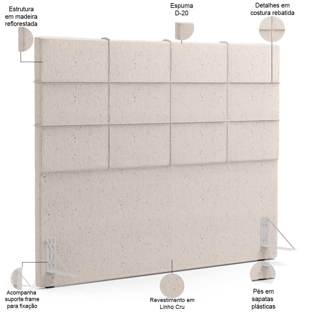 Kit Cabeceira Cama Box Casal 140cm com Calçadeira Roma W01 Linho Cru - Lyam