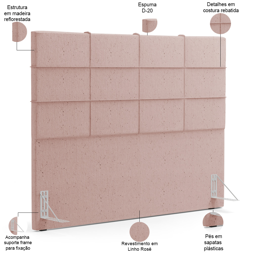 Kit Cabeceira Cama Box Casal 140cm com Calçadeira Roma W01 Linho Rosê - Lyam