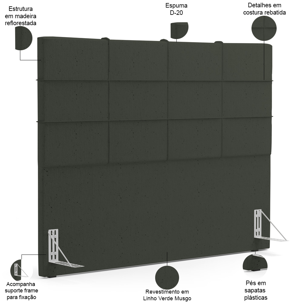 Kit Cabeceira Cama Box Casal 140cm com Calçadeira Roma W01 Linho Verde Musgo - Lyam