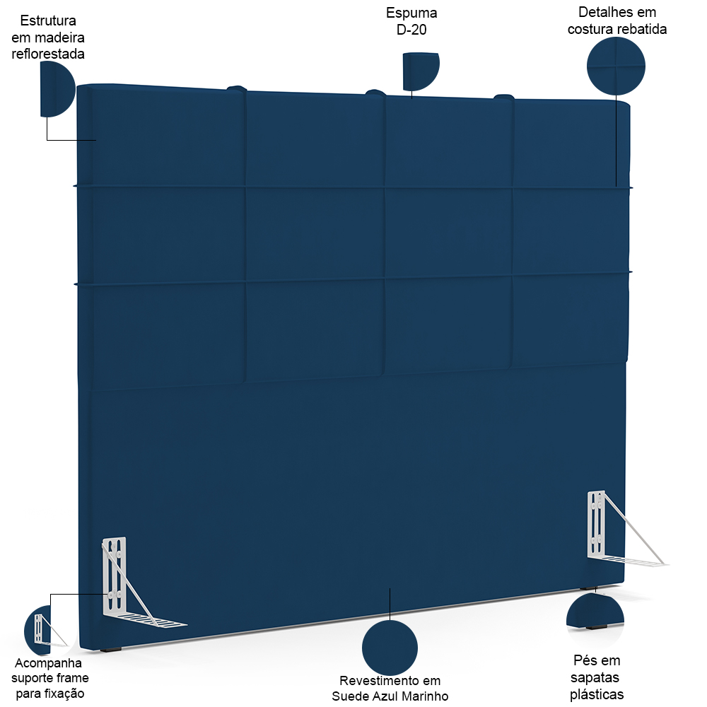 Kit Cabeceira Cama Box Casal 140cm com Calçadeira Roma W01 Suede Azul Marinho - Lyam