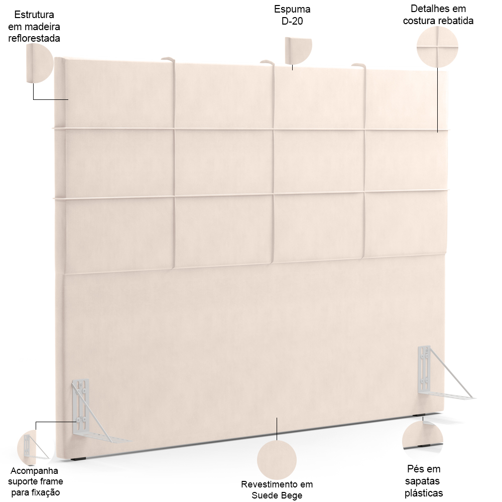 Kit Cabeceira Cama Box Casal 140cm com Calçadeira Roma W01 Suede Bege - Lyam