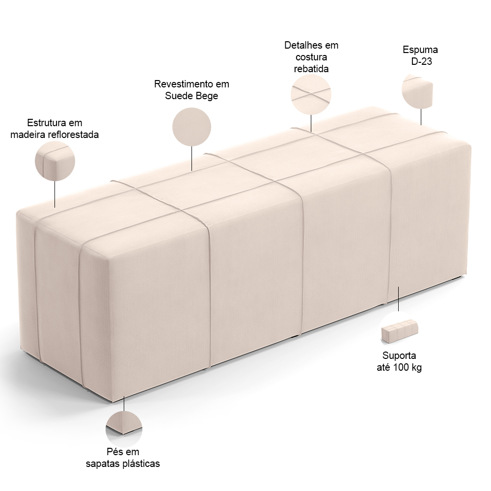 Kit Cabeceira Cama Box Casal 140cm com Calçadeira Roma W01 Suede Bege - Lyam