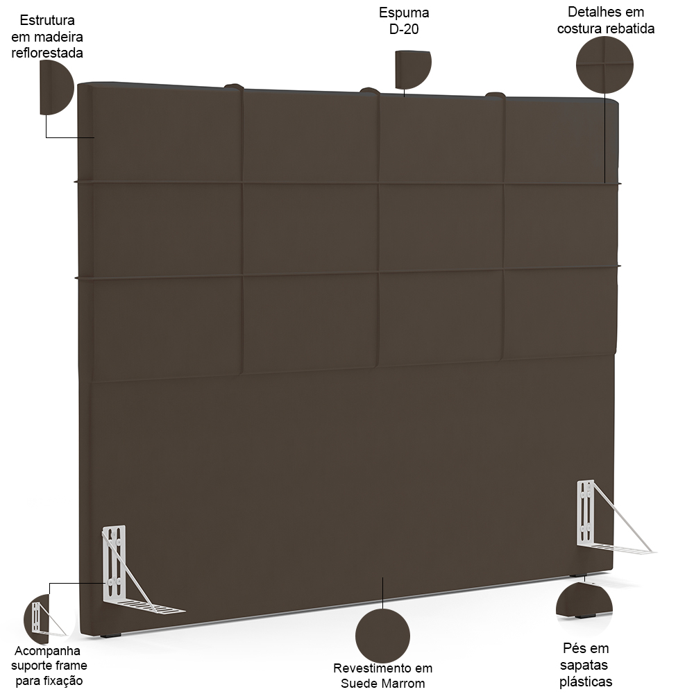 Kit Cabeceira Cama Box Casal 140cm com Calçadeira Roma W01 Suede Marrom - Lyam