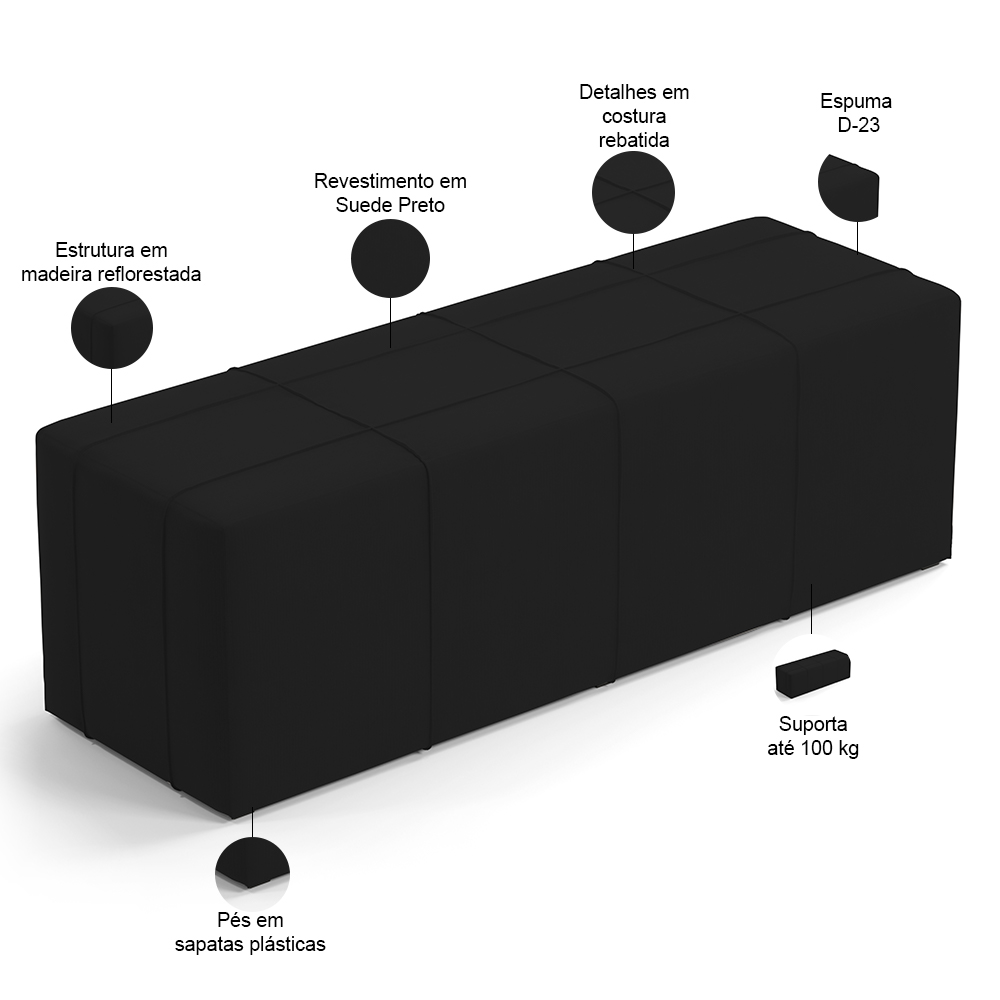 Kit Cabeceira Cama Box Casal 140cm com Calçadeira Roma W01 Suede Preto - Lyam