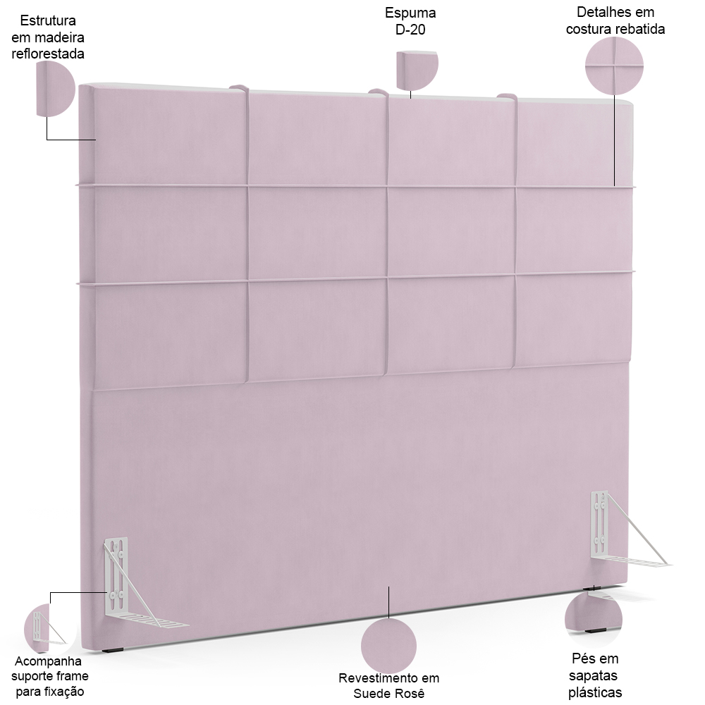 Kit Cabeceira Cama Box Casal 140cm com Calçadeira Roma W01 Suede Rosê - Lyam
