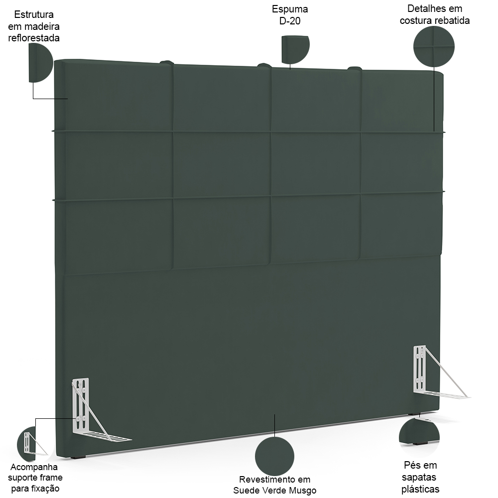 Kit Cabeceira Cama Box Casal 140cm com Calçadeira Roma W01 Suede Verde Musgo - Lyam