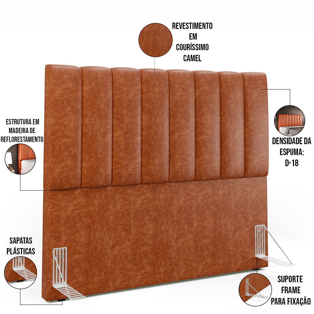 Kit Cabeceira Cama Box Casal 140cm e Calçadeira Recamier Baú Dália W01 Couríssimo Camel - Lyam Decor