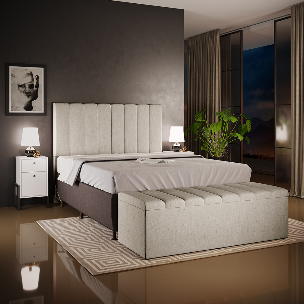 Kit Cabeceira Cama Box Casal 140cm e Calçadeira Recamier Baú Dália W01 Linho Bege - Lyam Decor