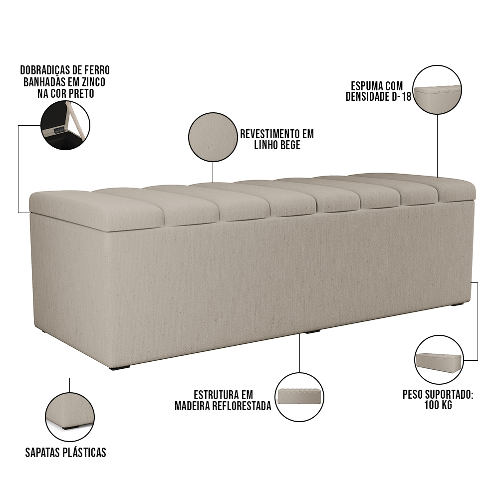 Kit Cabeceira Cama Box Casal 140cm e Calçadeira Recamier Baú Dália W01 Linho Bege - Lyam Decor
