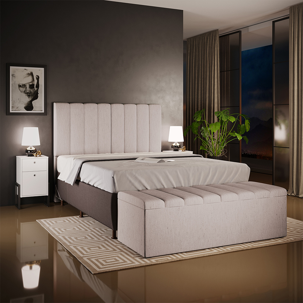 Kit Cabeceira Cama Box Casal 140cm e Calçadeira Recamier Baú Dália W01 Linho Cru - Lyam Decor