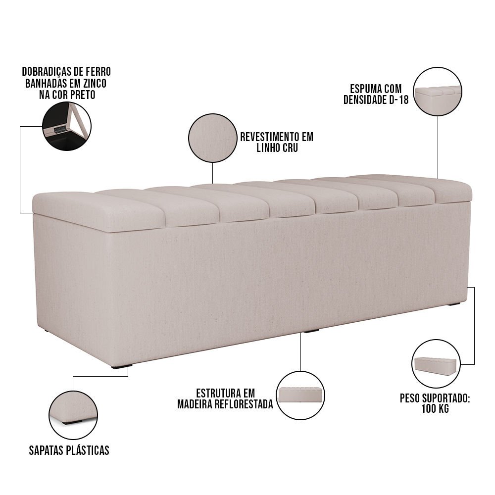 Kit Cabeceira Cama Box Casal 140cm e Calçadeira Recamier Baú Dália W01 Linho Cru - Lyam Decor