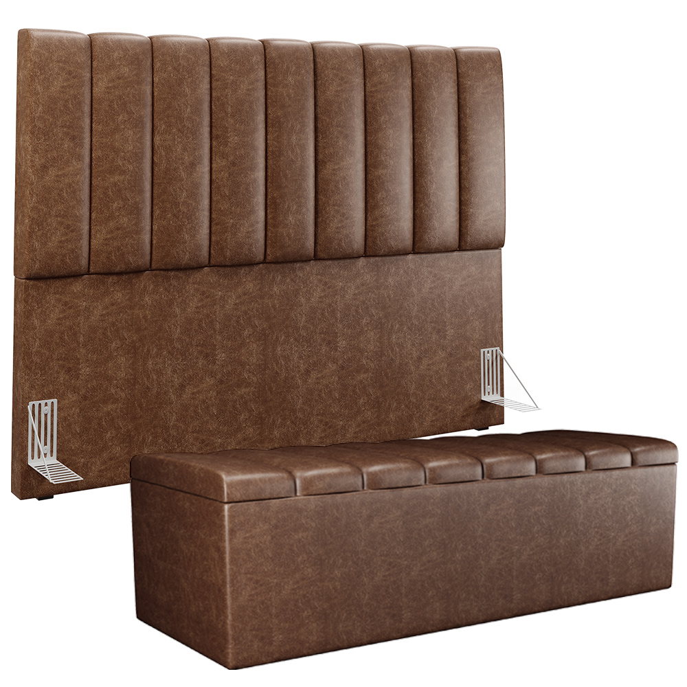 Kit Cabeceira Cama Box Casal King 195cm com Calçadeira Baú Dália W01 Couríssimo Marrom - Lyam